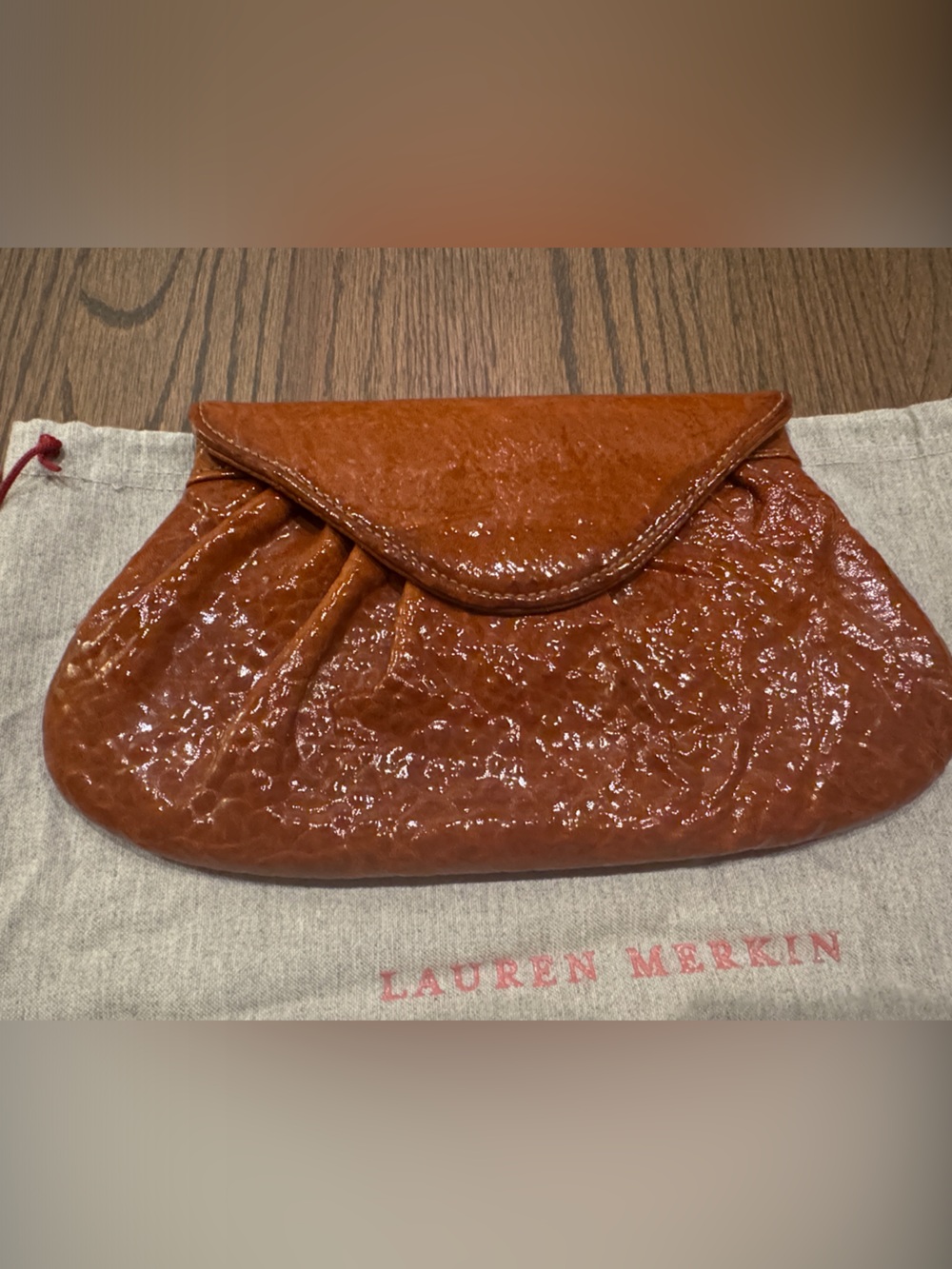 Lauren Merkin Cognac Patent Leather Ruched Clutch